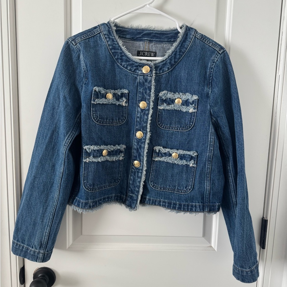 J. Crew Blue Denim Frayed Lady Day Jacket with Gold Buttons Size 8 - Picture 6 of 7